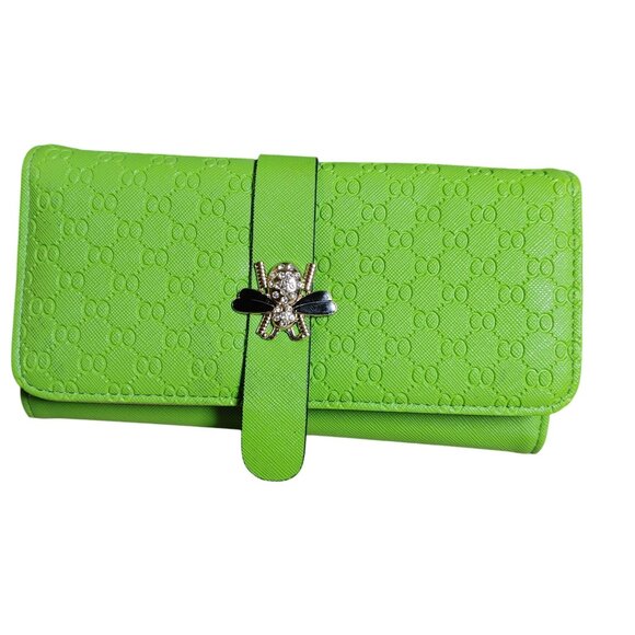 Leather Wallet Lime Green Embossed Faux Snap Closure Decorative Bee Accent - Picture 9 of 9